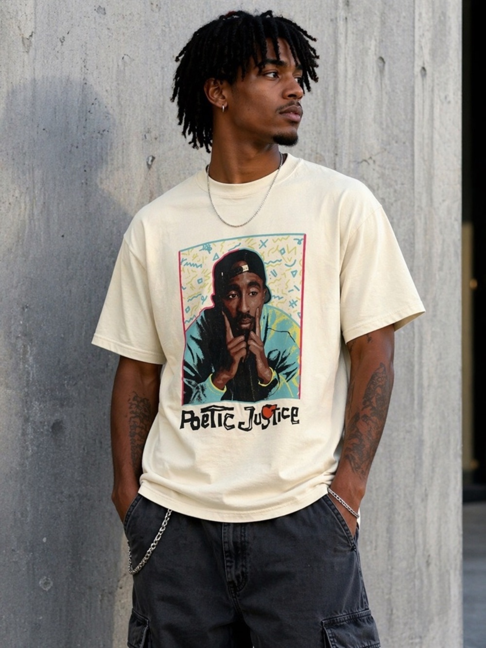 Tupac Poetic Justice Graphic Tee Cream Streetwear Hip Hop Mens L